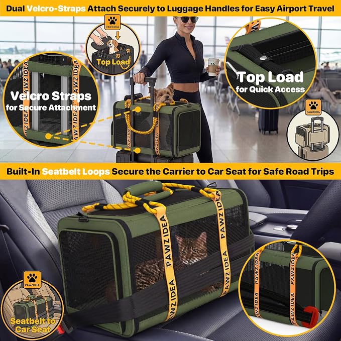 PAWZIDEA Expandable Pet Carrier with Wheels, TSA Airline Approved, Up 18lbs | 18x11x11 Underseat, Rolling Soft-Sided Carrier for Large Cats & Small Dog Travel Bag, Self-Locking Zippers, Telescopic Handle