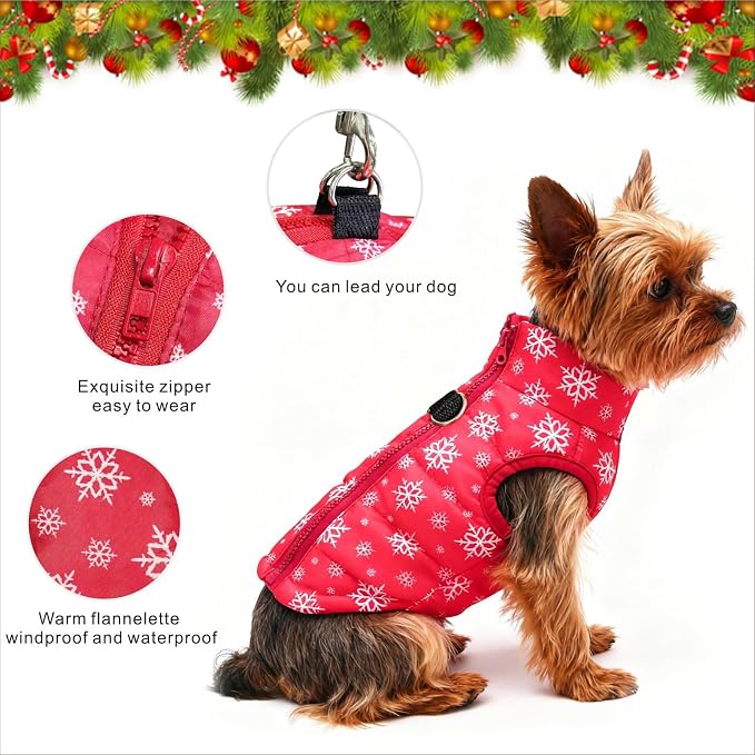 Idepet Pet Dog Cat Coat with Leash Anchor Color Patchwork Padded Puppy Vest Jacket Teddy Chihuahua Costumes Pug Cloth XS S M L(Medium,Red-Snowflake)