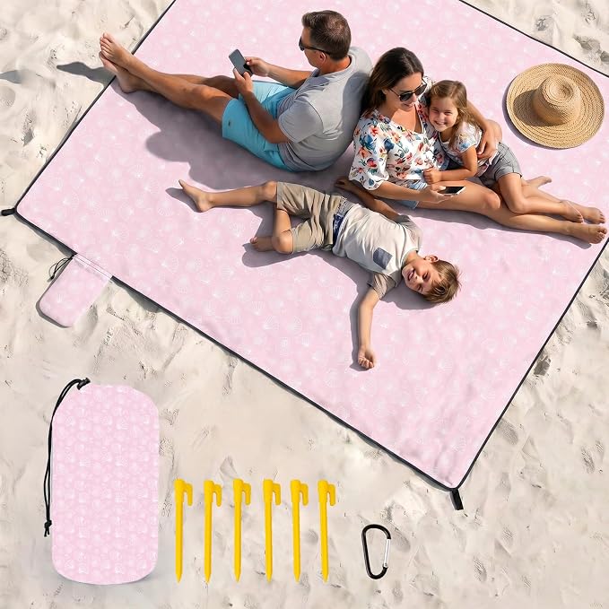 OIGAE Beach Blanket Waterproof Sandproof Oversized Beach Mat | Picnic Mat with Stakes, Storage Bag - Essentials for Outdoor Beach, Picnic,Quick-Dry Lightweight,Windproof Pockets