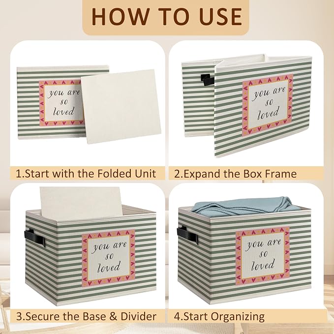 You Are So Loved Classroom Foldable Storage Bins Box with Handles, Kids Affirmation Sage Green Striped Decorative Storage Boxes Baskets Organizer for Kids Bedroom Nursery Playroom Classroom