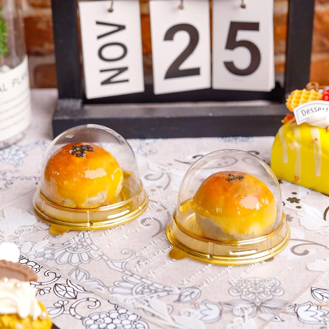 NPLUX 100 Pack Gold Mini Individual Cupcake Containers with Clear Lids | 100 clear PET Cupcake Boxes,2.8x2 IN,Desk Pet,Mini Cupcake Holder,for Weddings, Holiday Gifting, and Dessert Displays