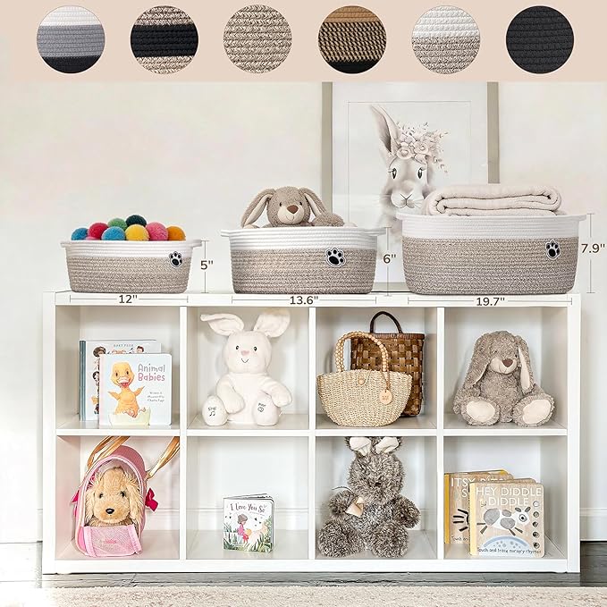 Medium Woven Rope Dog Toy Basket with Paw Print, Black Brown | 13.6"x 10" x 6", Dog Toy Bin & Box With Handles, Gift Basket for Pet Cat, Storage Basket for Baby Shower, Closet, Living Room