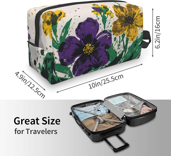 Purple & Yellow Floral Makeup Bag - Durable 600D Oxford Fabric Travel Cosmetic Bag, Shockproof Foam Padded Toiletry Organizer for Gym & Daily Use 10x6.2x4.9 Inch