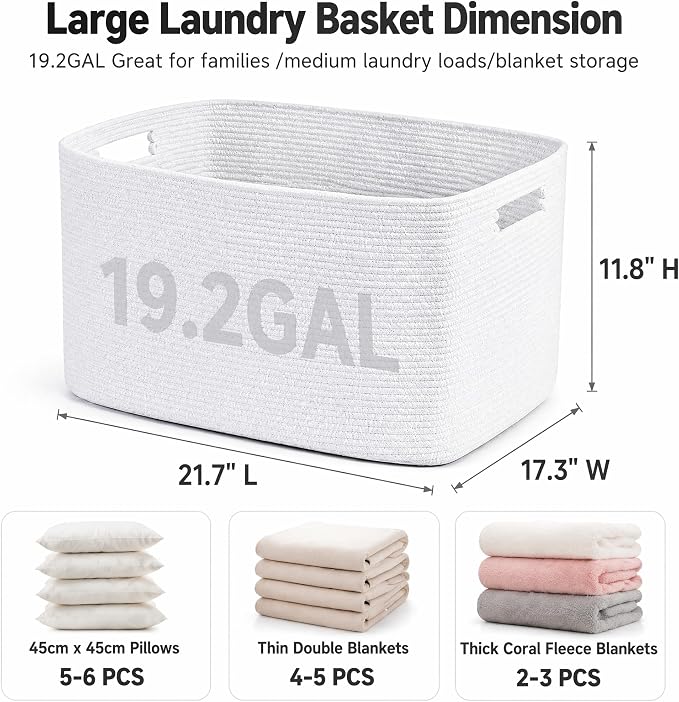 Cotton Rope Laundry Basket Large, 19.2GAL Collapsible Woven Storage Baskets for Living Room Kids Toys Stuffed Animal,Boho Rectangular Decorative Short Hamper for Dirty Clothes, Blankets Pure White