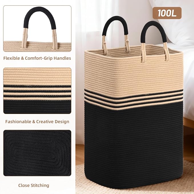 Laundry Basket Hamper,Blanket Storage,Dirty Clothes Hamper with Swivel Handles,Woven Cotton Rope Toy Baskets,Blanket Basket Living Room,Decorative Hampers for Nursery,Bedroom,Brown & Black,100L