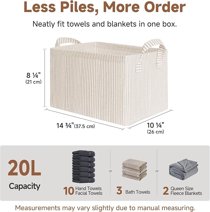 StorageWorks Fabric Storage Bins, Khaki and Beige Stripes, 2-Pack | With Reinforced Soft Handles, Sturdy Metal Frame, Collapsible Basket for Shelves, Closet, Holds Clothes, Towels, Blankets