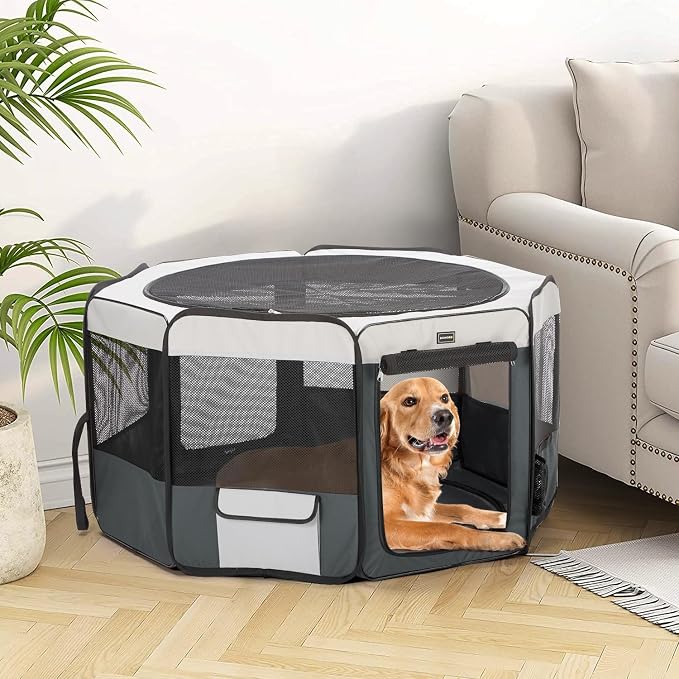 Dog Playpen Portable Pet Play Pens for Small Dog/Cat/Rabbit/Chicks, Cat Playpen Indoor/Outdoor with Carring Case, Removable Zipper Top and Bottom (Gray, Medium (36"x36"x20"), 8)