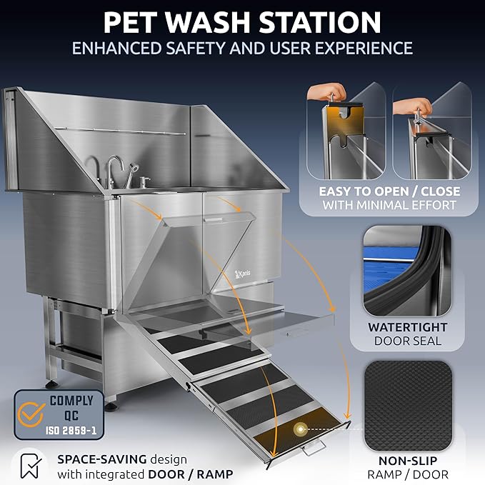 Professional Dog Washing Station 304 Stainless Steel Pet Wash Sink | Grooming Bathtub w/Shower, Floor Grates and Storage for Large, Medium & Small Pets