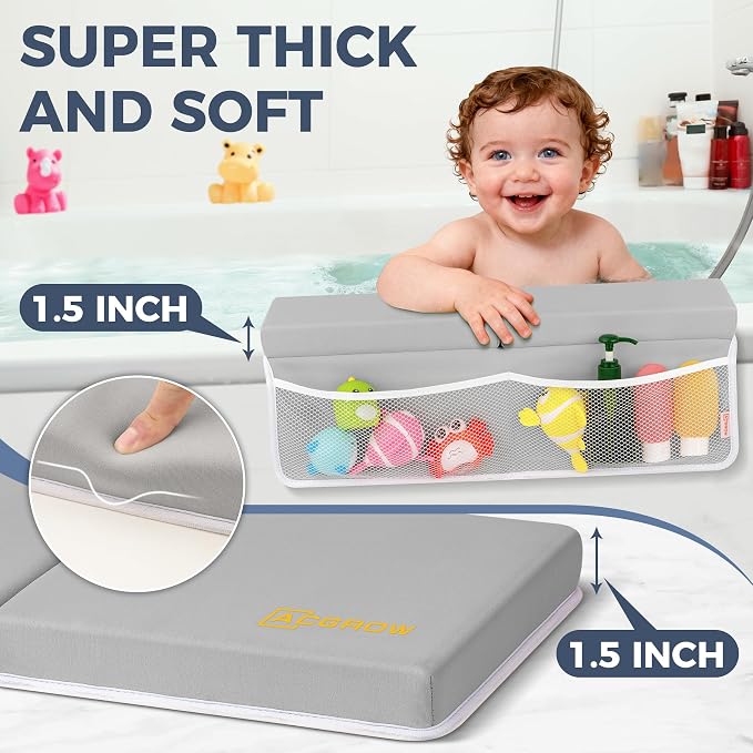 Bath Kneeler and Elbow Rest Pad Set, 1.5” Thick Bathtub Kneeling Mat | Cozy Memory Foam, Non-Slip 6 Suction Cups and 4 Toys Organizer Pockets, Quick-Dry Bath Kneeling Pad for Babies Toddlers