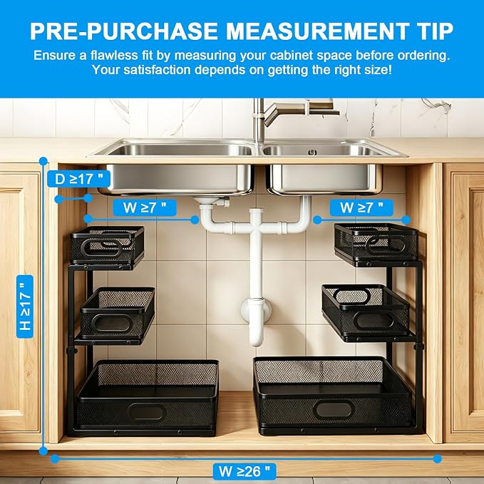 Thickened Meta 3-Tier Pull Out Under Sink Organizer 2 Pack | Height Adjustable Slide out Storage Drawer Rack for Kitchen Bathroom Home Organization| 35% More Storage Capacity