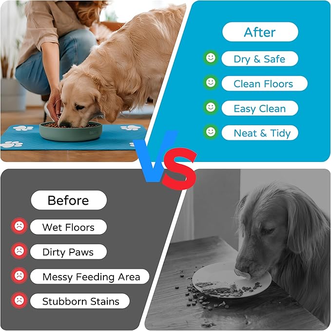 Pet Feeding Mat-Absorbent Dog Feeding Mat for Food and Water Bowl,No Stains Pet Placemat,Quick Drying Water Dispenser Mat for Dog and Cat,Easy to Clean Dog Accessories(L,Blue)