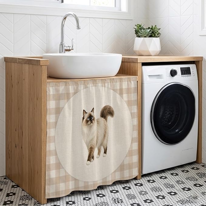 Ragdoll Cat Cabinet Curtain 35"Wx35"L, Dustproof Under Sink Skirt with Self Adhesive Tape, Vintage Linen Plaid Farmhouse Pet Cats Cabinet Curtain Cover for Kitchen Sink, Bathroom Vanity, Laundry Room