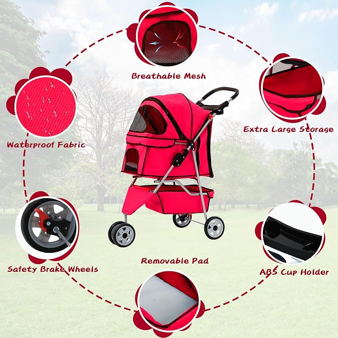 Dog Stroller with Storage Basket,3 Wheels Pet Stroller,Breathable Compact Portable Folding Carrier for Travel,Camping,Dog Carrier for Small Medium Dogs Or Cats,Lightweight Waterproof Pet Stroller,Red
