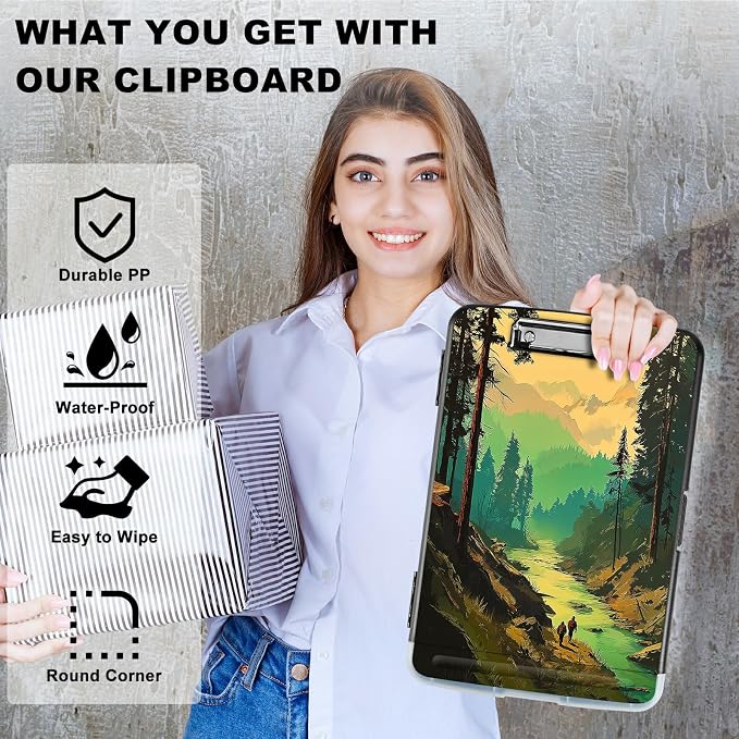 A4 Clipboard with Storage Pen Holder, Clipboards Organizer Nursing Clipboard Foldable File Folder Plastic Clipboard Folio Clip Board for Office Work Classroom Doctor, Green Forest Creek