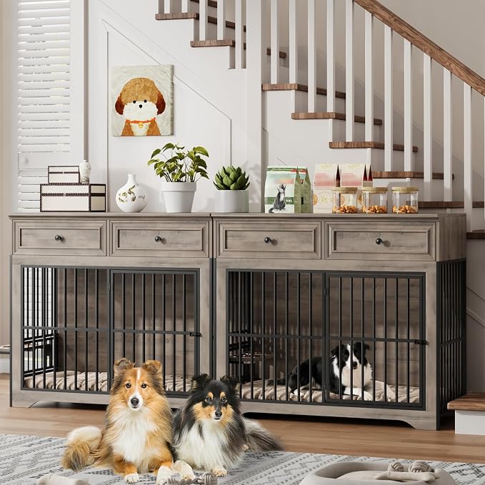 QUW 42" Modern Dog Crate Furniture, Wooden Dog Kennel, Grey | Medium to Large, 360° Rotating & 3-Levels Adjustable Height Dogs Bowl Holder, Decorative Dogs Cage Pet House Indoor