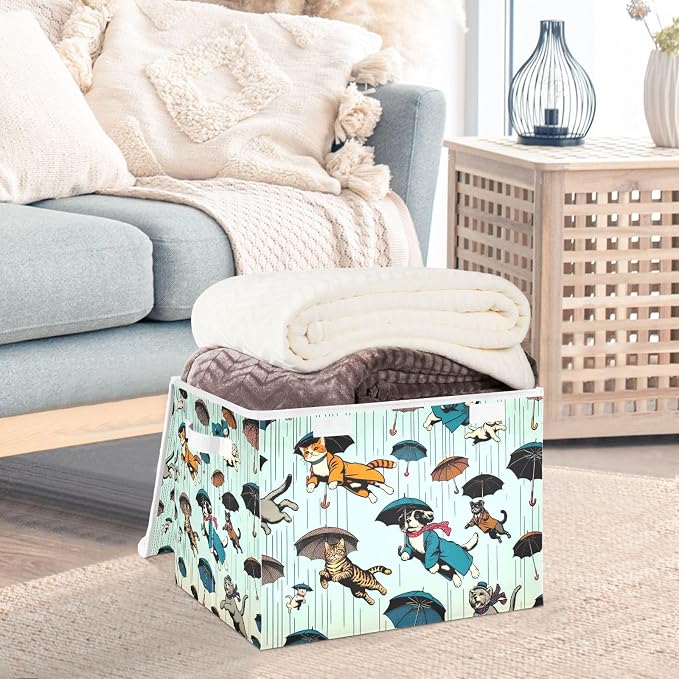 Storage Box Cats and Dogs Storage Bins with Lids, Larger Collapsible Fabric Storage Baskes with Handles for Living Room, Playroom, Bedroom, Nursery 16.5x12.6x11.8 Inch