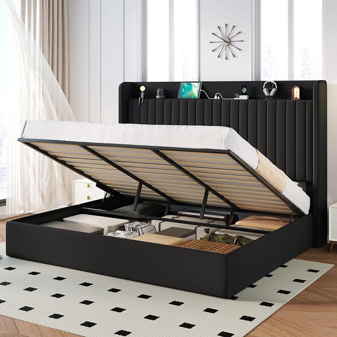 SHA CERLIN King Size Lift Up Storage Bed Frame, Charging Station, Black | Storage Headboard with Charging Station, USB, Type-C Port Velvet Hydraulic Storage Bed No Box Spring Needed Noise Free