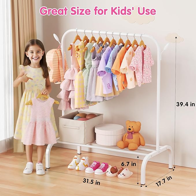 Kids Clothes Rack for Ages 3-6, Montessori Kids Clothing Rack, White | Kids Dress up Rack with Bottom Shelf & Side Hooks, Toddler Wardrobe Rack for Bedroom, Playroom, Nursery & Small Room Storage