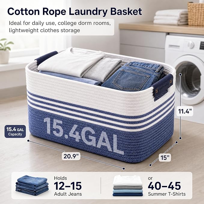 Cotton Rope Laundry Basket Medium, 15.4GAL Collapsible Woven Storage Baskets for Living Room Kids Toys Stuffed Animal,Boho Rectangular Decorative Short Hamper for Dirty Clothes, Blankets Denim Blue