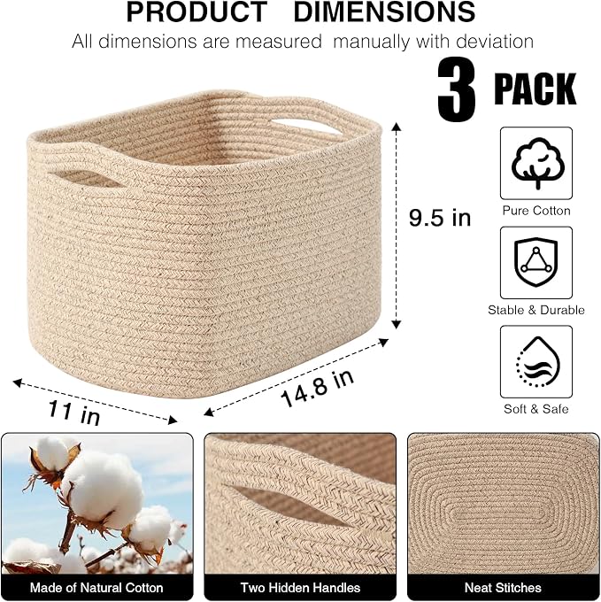 Storage Baskets for Organizing Shelves 14.8×11×9.5 Mixed Brown | Woven Cotton Rope Bins for Storage, Dog Toys, Cute Shelf Basket for Living Room Bedroom Bathroom Nursery, 3 Packs