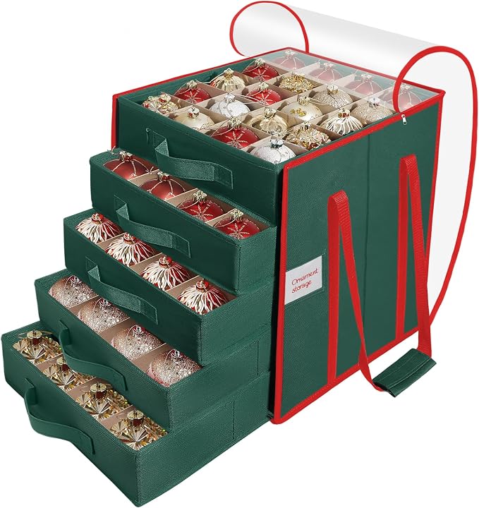 Christmas Ornament Storage Box,5 Tier Holds Up to 100-3” Holiday Décor | Xmas Ornament Organizer Container,Adjustable Dividers,Organizer Bin to Protect and Store Holiday Décor , 600D Oxford Fabric