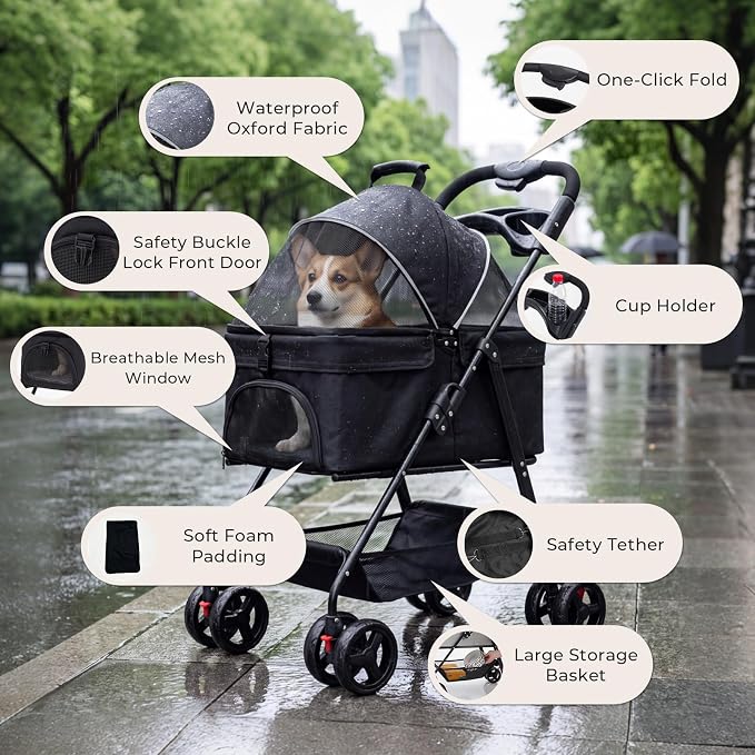 4-Wheel Pet Stroller for Small Medium Dogs Cats, One-Click Foldable | Portable Dog Stroller, Detachable Carrier, Cup Holder & Storage Basket, Safety Tether, Breathable Mesh, Up to 44lbs, Black