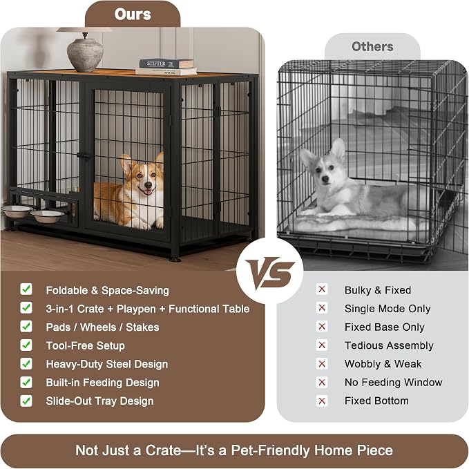 Heavy Duty Dog Crate for Medium Dogs, 3 in 1 37.8" Foldable Collapsible Dog Kennel & Playpen with Wheels & Feeding Bowls, Escape Proof Metal Dog Cage for Indoor Outdoor Use, Rustic Brown