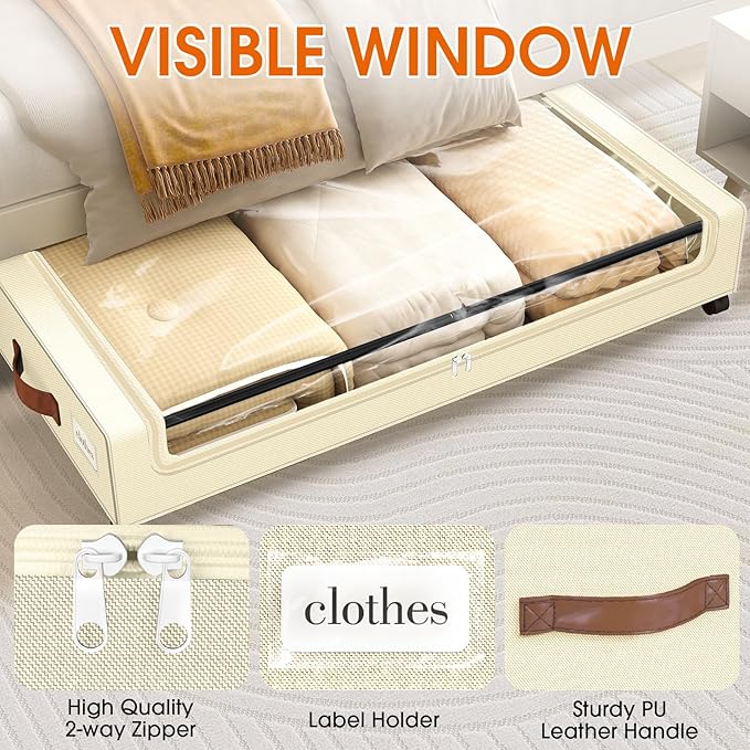 Under Bed Storage with Wheels 2Pack Storage Containers with Clear Window | Under Bed Drawers Rolling Under Bed Storage for Clothes,Shoes, Blankets (30.71 x 16.93 x 6.69 in, Beige)