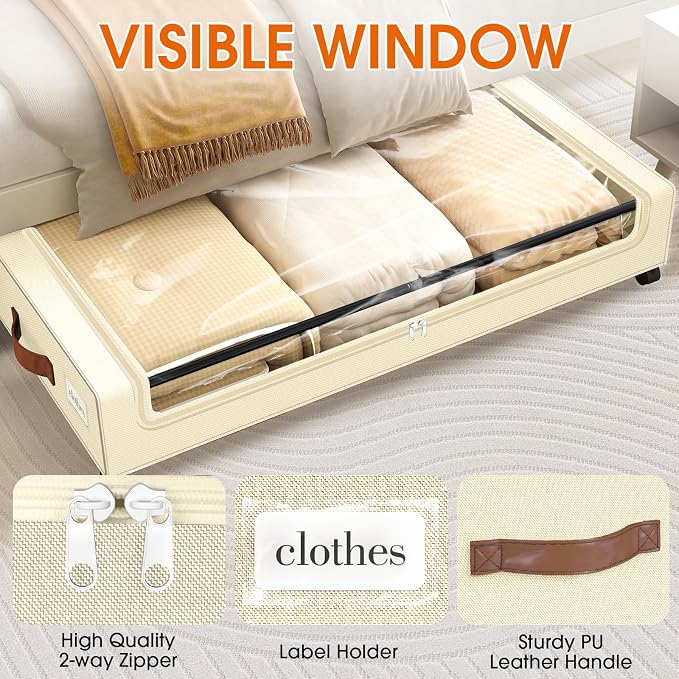 Under Bed Storage with Wheels 1Pack Storage Containers with Clear Window | Under Bed Drawers Rolling Under Bed Storage for Clothes,Shoes, Blankets (30.71 x 16.93 x 6.69 in, Beige)