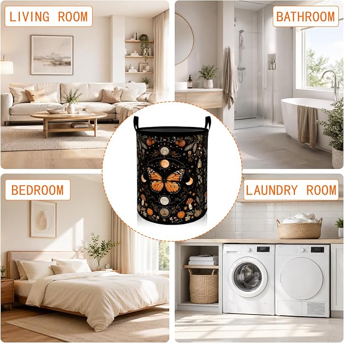 Mystic Butterfly Laundry Basket, Moon Floral Mushroom Oxford Cloth Dirty Clothes Collapsible Hamper for Room Decor, Boho Gifts, Toy Organizer 19.7 x 15.7 Inches for Bedroom Bathroom Dorm
