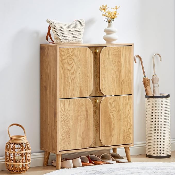 BERRYMERRY 27.6" W Shoe Storage Cabinet with 2 Flip Drawers, Unique | Natural,Hidden,Small,Front Door,Entryway,Narrow