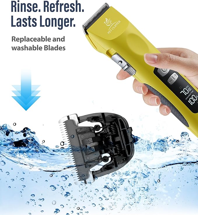 Professional Dog Grooming Clippers with 17H Runtime & Replaceable 440C Blade, 5-Speed Low Noise Electric Dog Shaver for Thick, Matted, Curly Hair, Cordless Clipper for Groomer & Home Use, Yellow