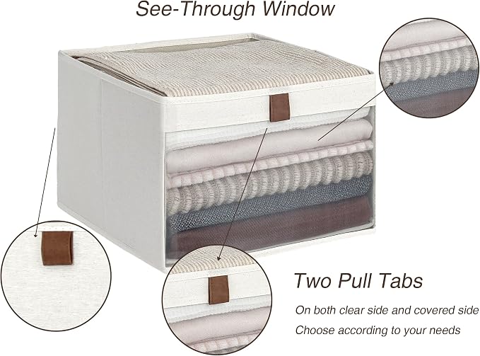 StorageWorks Closet Storage Bins, Collapsible Storage Basket, Beige, 3-Pack | Clear Window for Visibility, Soft Leather Handle, Flip to Show/Hide, Breathable Fabric, Holds Coats, Towels, Blankets, Toys