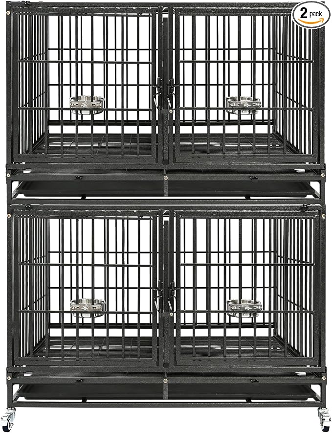 Homey Pet 43 inch Dog Crate Stackable Heavy Duty Dog Kennel Indoor, 2 Tiers | Dog Grooming Cage with Dual Front Doors, Auto Locks, Removable Grid & Tray, Wheels, Bowls, Ideal for Small and Medium Dogs