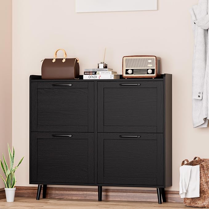 Shoe Storage Cabinet with 4 Flip Drawers, Freestanding Shoe Organizer with Adjustable Shelf & Anti-Tipping Device, Hidden Shoe Rack for Entryway, Hallway, Foyer, Lounge（Black）