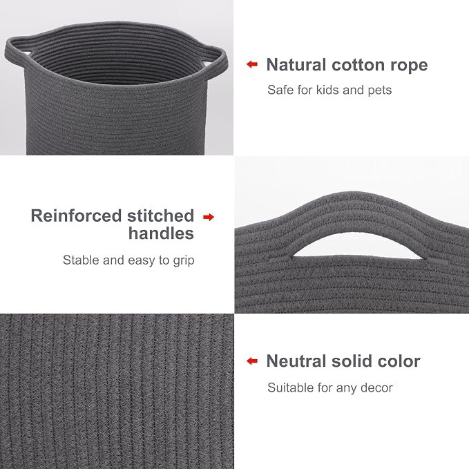 Cotton Rope Blanket Basket, 72L Tall Laundry Hamper, Dark Gray