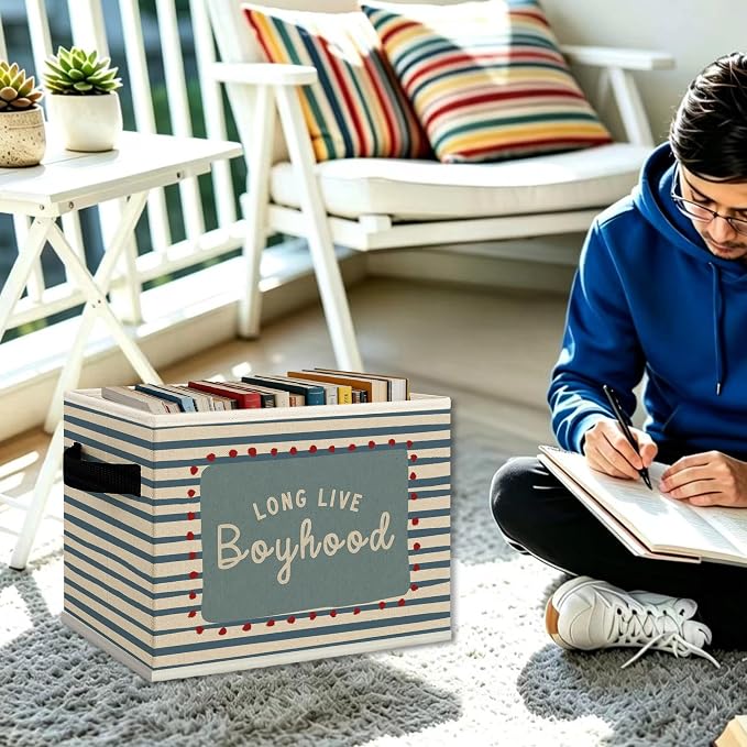 Boy Nursery Cube Storage Bins with Handles, Long Live Boyhood Blue Striped Collapsible Fabric Storage Basket Boxes Books Clothes Organizer for Kids Boys Room Bedroom Playroom Bathroom