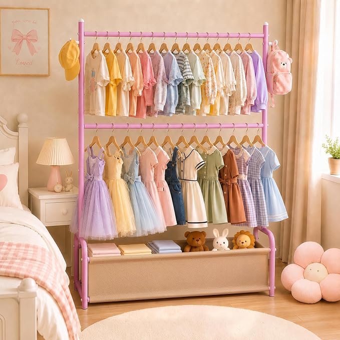 Kids Clothing Rack with Double Rod Height Adjustable Kids Clothes Rack Pink | Storage Basket & Hooks, Height Adjustable Kids Clothes Rack, Portable Baby Dress Up Garment Rack for Princess Dresses