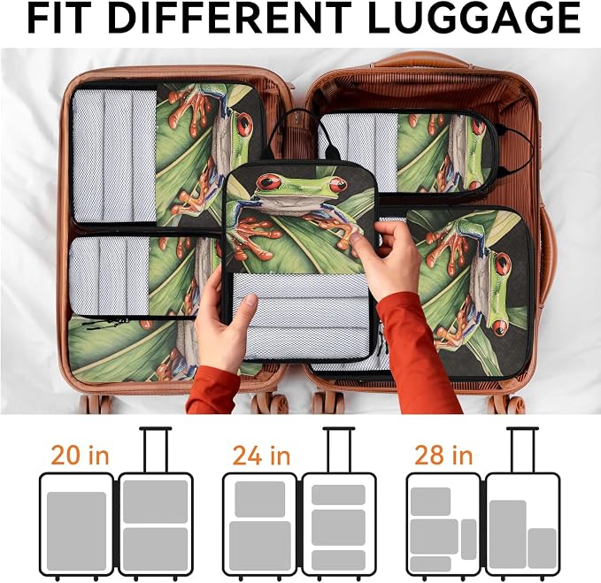 Forest Tree Frog 6 Set Compression Packing Cubes Animals Palm Leaves Expandable Packing Organizer for Travel Accessories Luggage Suitcase Bag