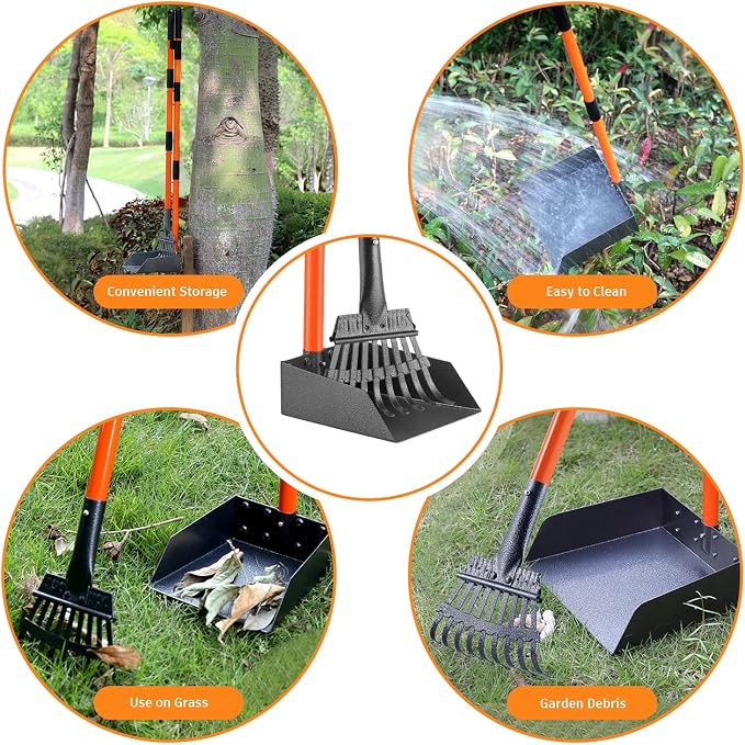 Pooper Scooper, Long Handle Dog Poop Scooper for Medium Small Dogs | Heavy Duty, Pet Supplies Metal Tray Rake, Stainless Steel, Rust-Resistant, 37"+ Handle No Bending, Use on Grass Dirt Gravel