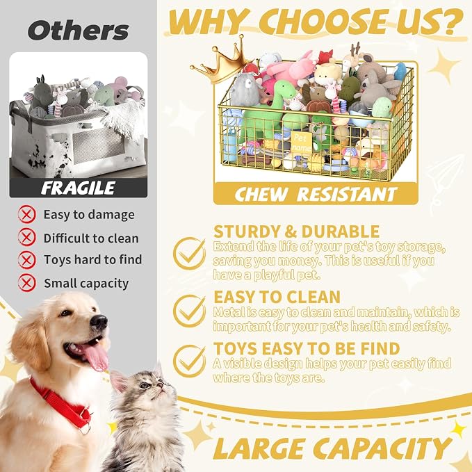 Kaiferty Indestructible Dog Toy basket, Large Toy Bin for Dogs,Pet Toy Bin Dog Metal Basket Organizer Storage for Toys Food Storage (Gold)