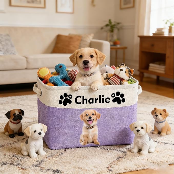 Personalized Dog Toy Storage Basket Custom Pet Storage Bins with Name Photo Collapsible Organizer Box Customized Baby Basket Container for Dolls Toys Coats Clothing Blue