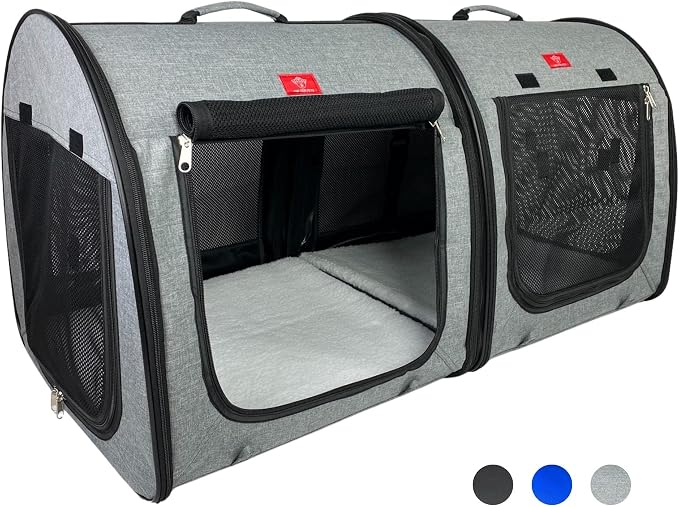 One for Pets Portable 2-in-1 Double Pet Kennel/Shelter, Fabric, Black/Royal Blue 20"x20"x39" - Car Seat-Belt Fixture Included (Gray)