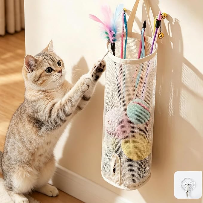 15.16" Cat Wand Toy Holder Organizer Storage Bag - Special Bottom Opening Design, Pet Kitten Stick Doy Toy Mesh Pockets for Cat Feather Teaser Toys Wall Hanging Basket Box Bin