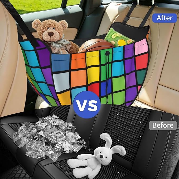 Filled Grid Car Seat Organizer-Backseat Storage Bag for Travel | Waterproof Durable. Holds Snacks Gear Essentials. Fits Most Cars.