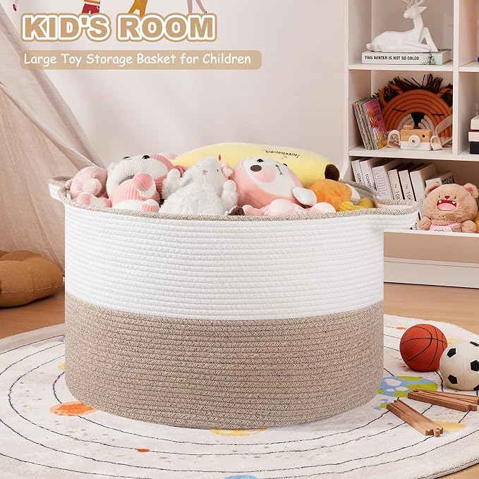 OIASKET XXL Large Blanket Basket with Handles, 105L Woven Storage Basket for Living Room, Cotton Rope Baby Toy Storage for Clothes, Pillows, Towels-Brown & White