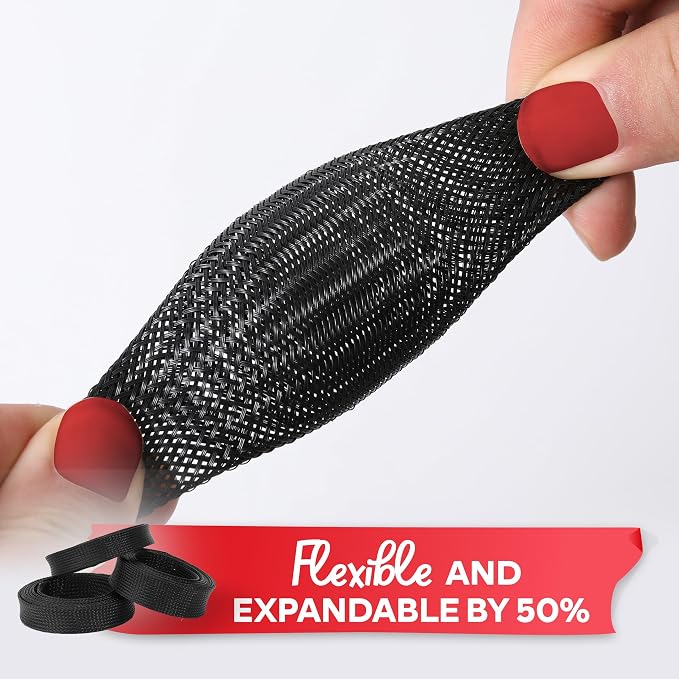 XFasten Cord Protector 1 Inch 100ft - PET Expandable Braided Cable Sleeve - Pet Chew Proof Wire Loom for Audio, Video, PC, TV, Automotive Wire Management - Puppy, Cat Proof Black Cable Wrap for Cords