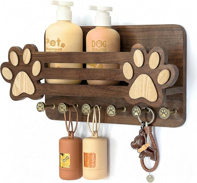 MTERSN Dog Leash Holder for Wall with Mail Holder for Pet Lovers,Dark Brown | Acacia Wood, Adorable 3D Paw-print Design, 6 Hooks, Store Treats & Dog Food, Dog Accessories Organizer, Home Organization
