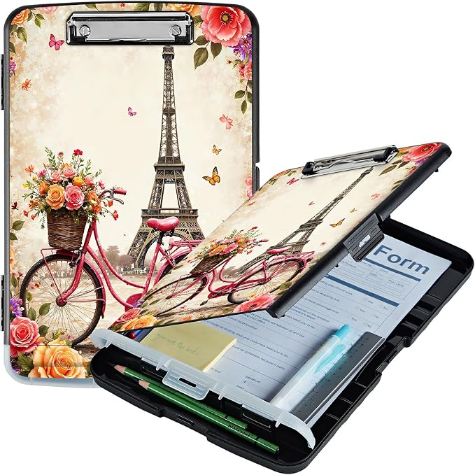 A4 Clipboard with Storage Pen Holder, Clipboards Organizer Nursing Clipboard Foldable File Folder Plastic Clipboard Folio Clip Board for Office Work Classroom Doctor, Bicycle Leaning Tower