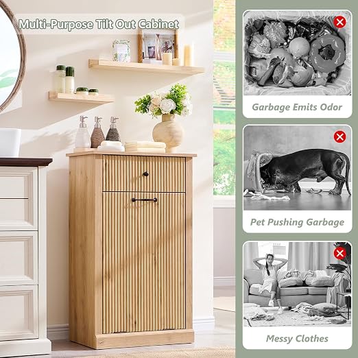 IFGET Tilt-Out Trash Can Cabinet, Fluted Laundry Hamper Cabinet,Natural Oak